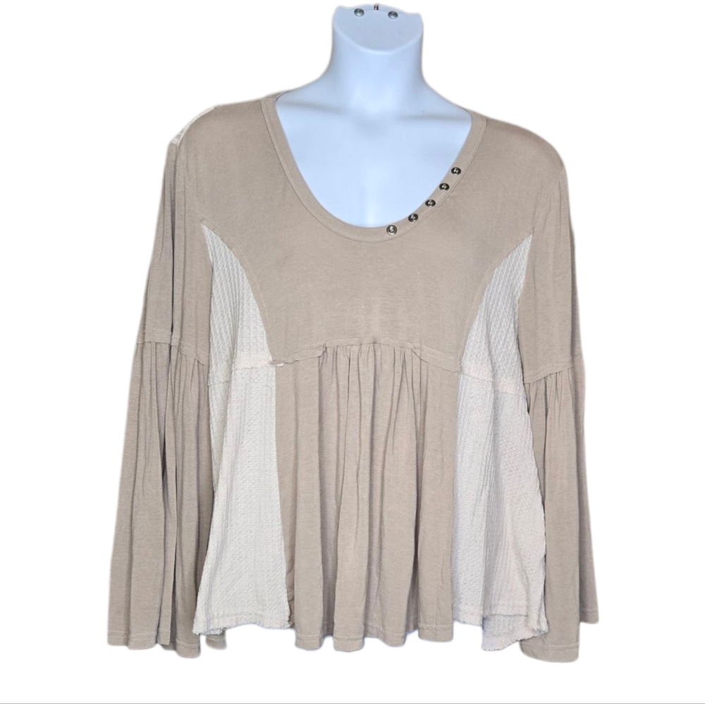 POL neutral tan beige‎ oversized boho thermal bell sleeve swing top L